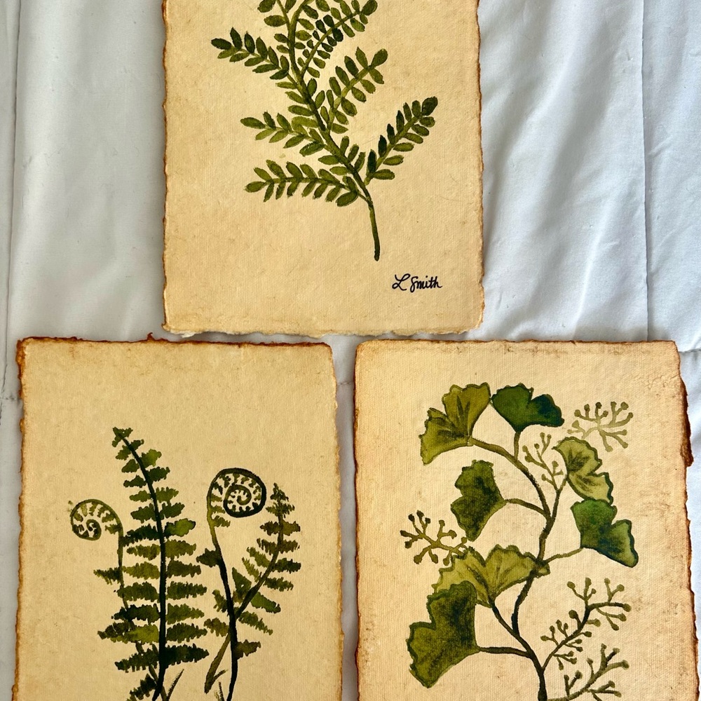 Handpainted Botanical Fern & Ginkgo Watercolor Trio - Green Artwork Set